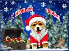 поздравительная открытка с Новым Годом - открытка красивая анимция, подарки собачка